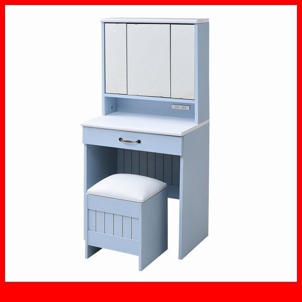 ドレッサー★フレンチカントリー/三面鏡 ドレッサー 鏡台/椅子 スツール付き/コンパクト 幅60cm/コンセント付き 姫系/青 白/ffca-0004/zz拍卖