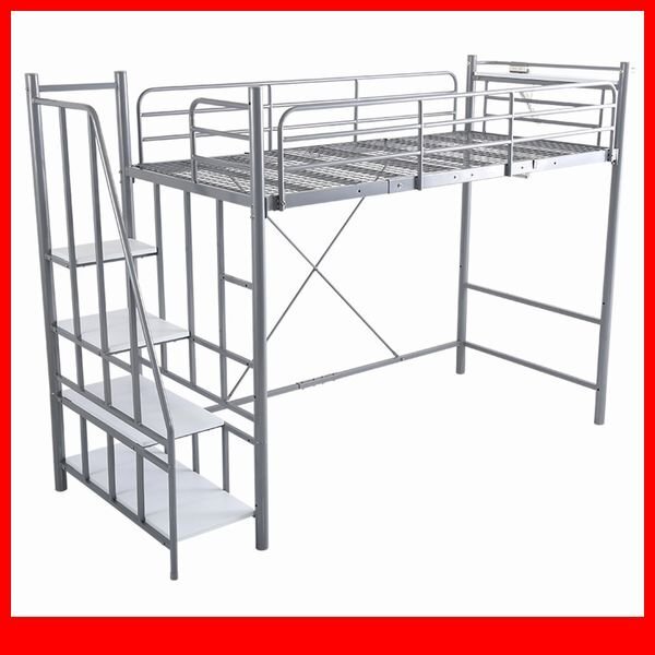 ロフトベッド★新品/大人かわいいインテリア 階段付き パイプロフトベッド/2段階高さ調整 ハイ ミドル 宮 コンセント付/シルバー/a5拍卖