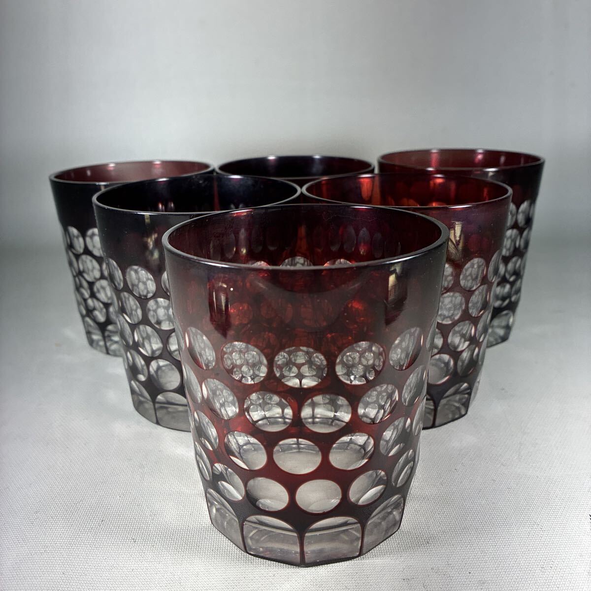江戸切子 切子グラス ロックグラス 赤被せ 6客 切子 グラス コップ拍卖