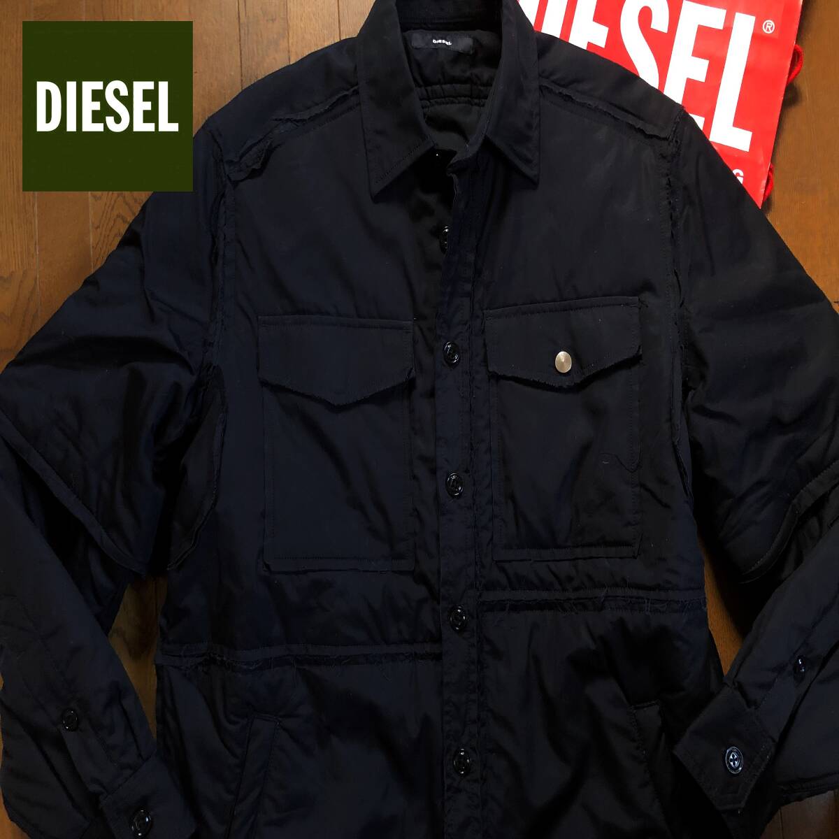 ●サイズM程 渋! 美品 DIESEL ディーゼル ミリタリー 切りっぱなし ロゴ ブラック シャツジャケット 黒 メンズ 即決 即納 55dsl y2k●1692拍卖
