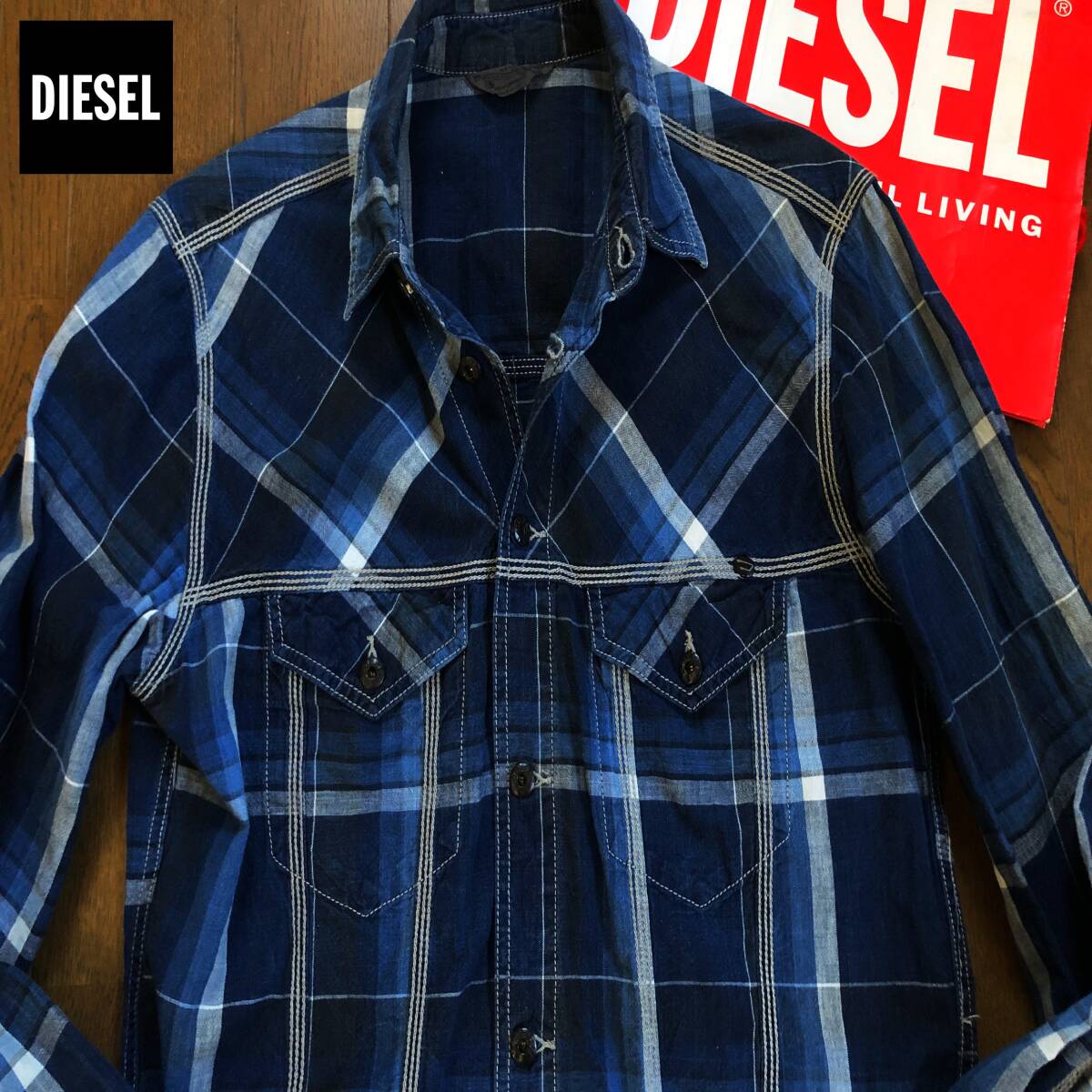●サイズM 高級 DIESEL ディーゼル インディゴ風味 チェックシャツ ブルー メンズ アメカジ 藍染 ヴィンテージ 即決 即納 55dsl y2k●1708拍卖
