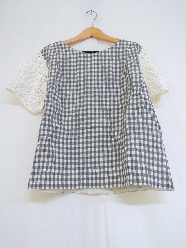 tricot COMME des GARCONS トリコ・コムデギャルソン ボレロ半袖ドッキングチェックシャツ M TA-B031 AD2017 セットアップ上 麻50% レーヨ拍卖