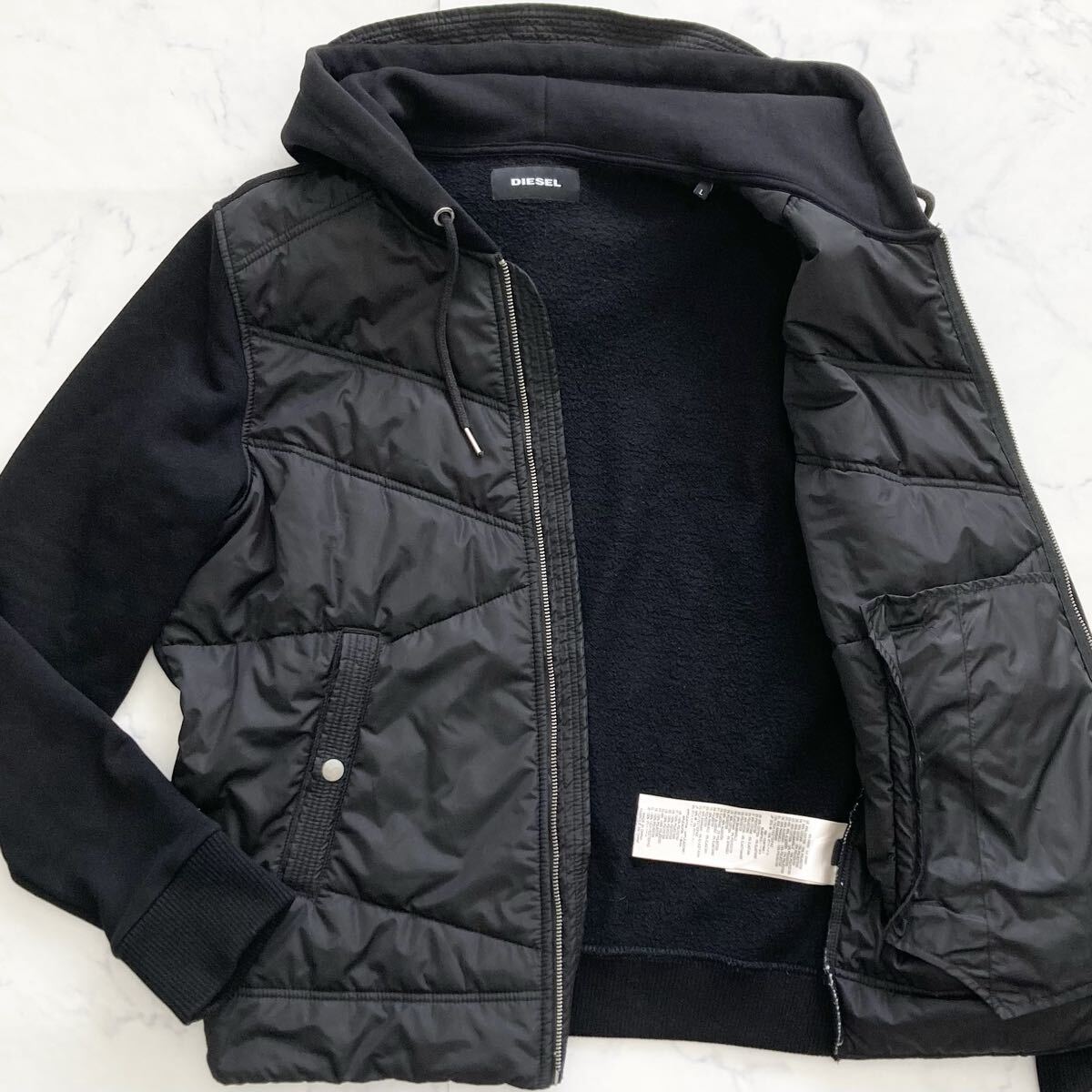 良品●XL相当 ディーゼル ナイロン切替 ハイブリッドジャケット 中綿 フード パーカー DIESEL メンズ ブルゾン ジップアップ スウェット 黒拍卖