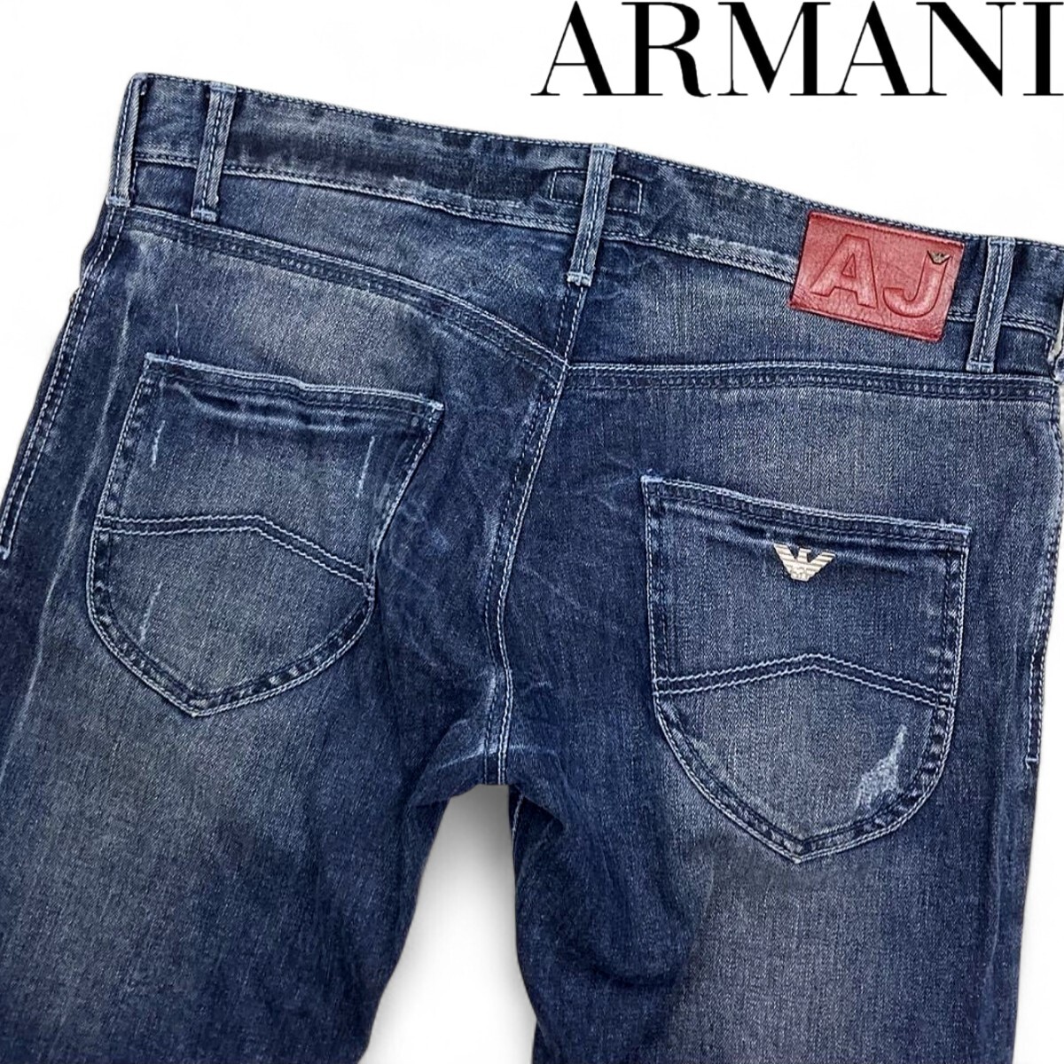 極美品●XL アルマーニジーンズ メンズ デニムパンツ リミテッドエディション ダブルイーグル レザーパッチ ARMANI ジーパン EU36 US34 青拍卖