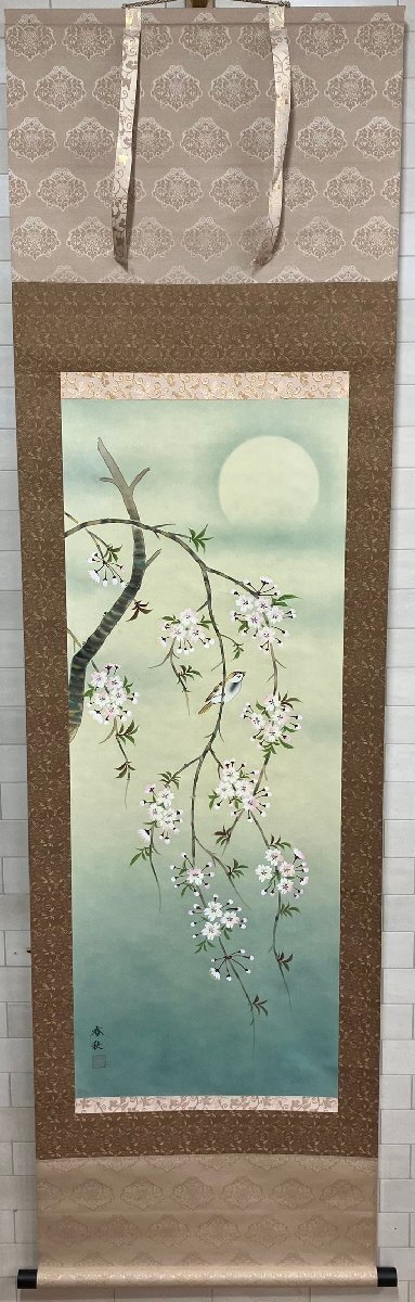 S246 【模写】掛け軸 1点 【3月 桜】 作者:尾崎春秋 桜 鳥 背景 日本古美術 中国古美術 美術品 骨董 現状品 約186×53㎝ 箱付き拍卖