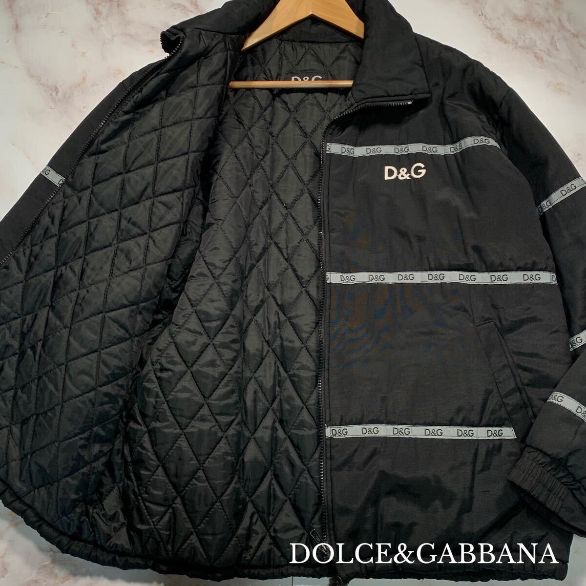 XL相当●DOLCE&GABBANA ドルチェ&ガッバーナ ロゴ柄 ボーダー オーバーサイズ 中綿 ジップ ジャケット ブルゾン キルティング ブラック拍卖