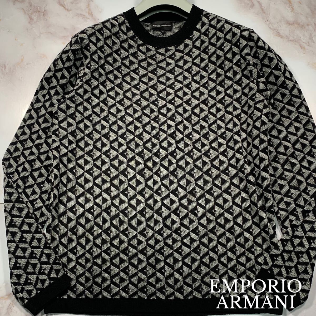 美品/XLサイズ●EMPORIO ARMANI エンポリオアルマーニ イーグル モノグラム 総柄 クルーネック ニット セーター ブラック メンズ拍卖