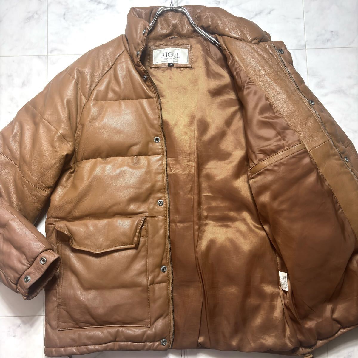 希少カラー!!キャメル/L相当 RIGEL ダウンジャケット●ラムスキン 羊革 オールレザー ジップ キムタク 肉厚 極暖 ブルゾン メンズ リゲル拍卖