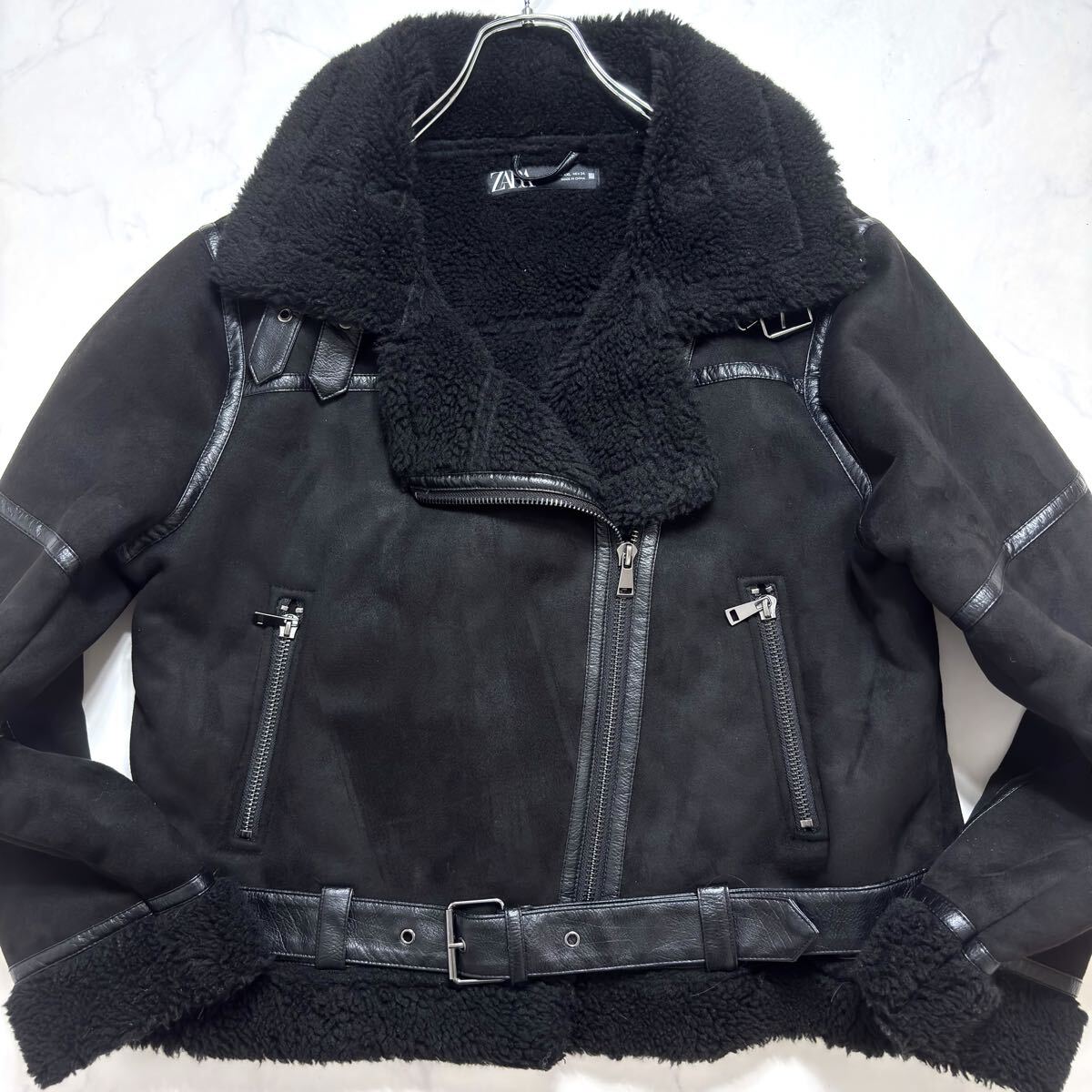 美品/超希少!!XXL ZARA ムートン B-3 フライトジャケット ボア ダブルライダース 秋冬 ウォッシャブル エコ ブルゾン ブラック メンズ ザラ拍卖