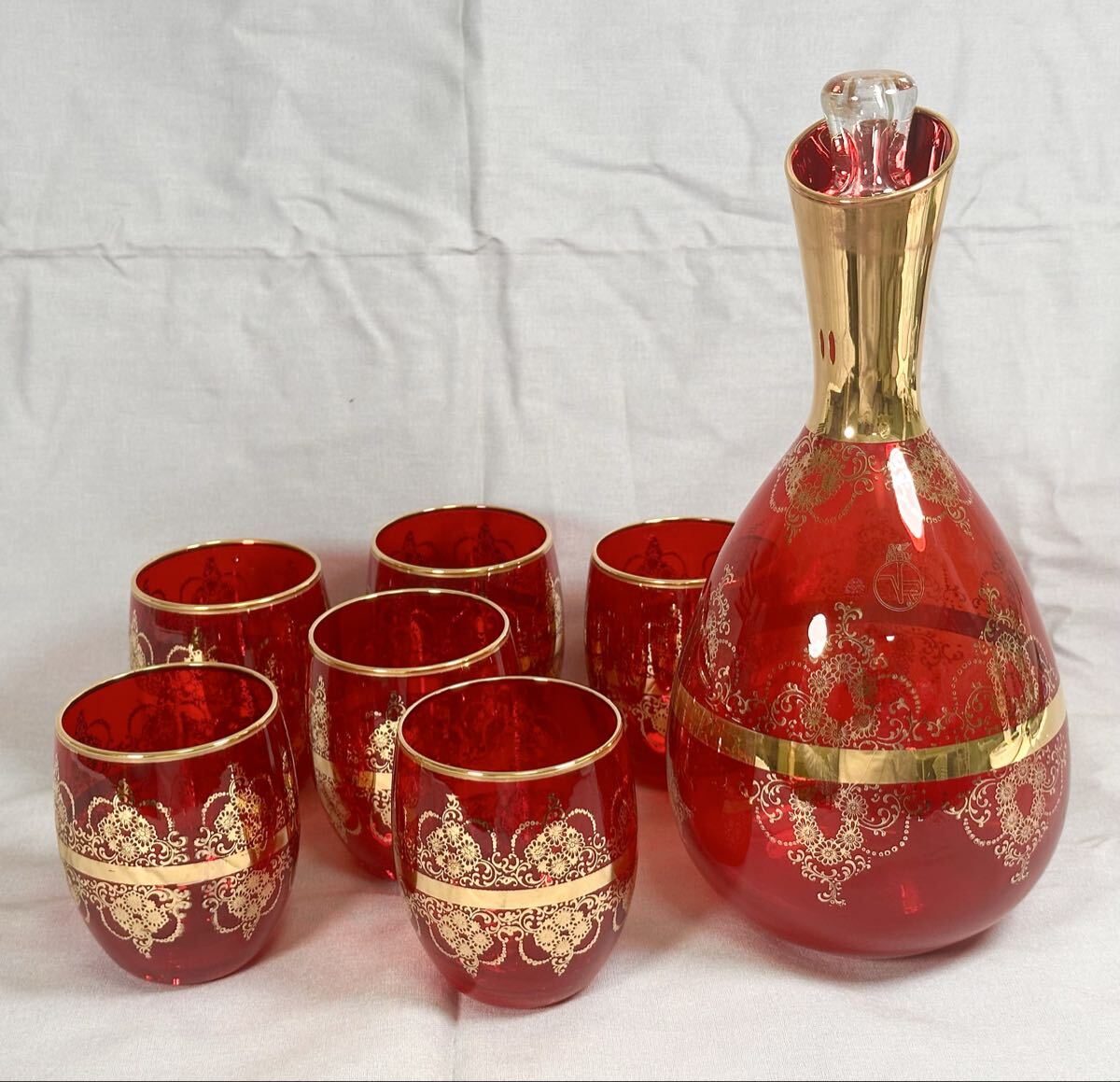 1円〜 ◆ ベネチアングラス 酒器 / デキャンタ グラス セット / 金彩 赤色 ガラス 食器 タンブラー / イタリア 拍卖