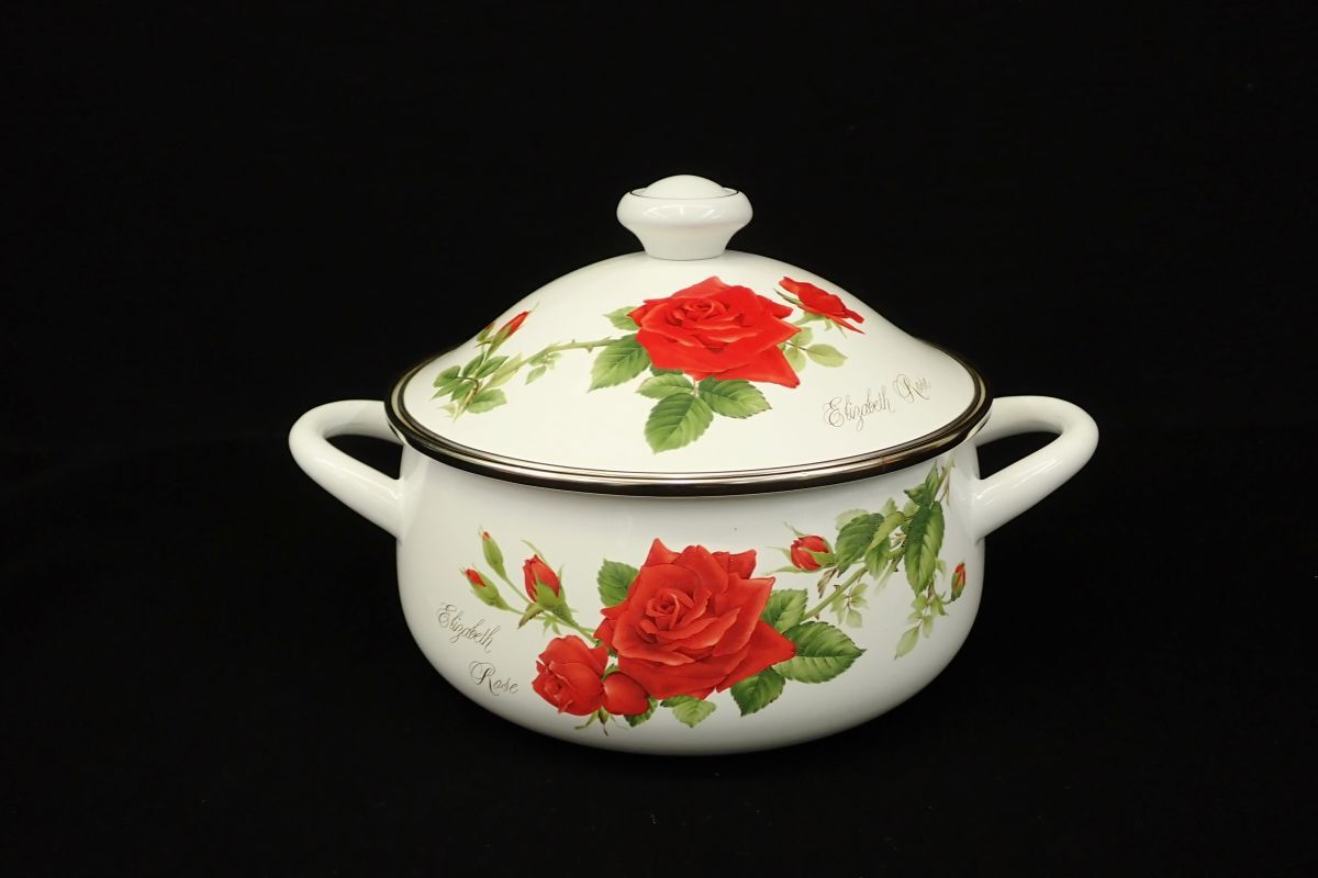 ◆未使用 エジリー 琺瑯鍋 花柄 薔薇◆両手鍋 ホーロー/消費税0円拍卖