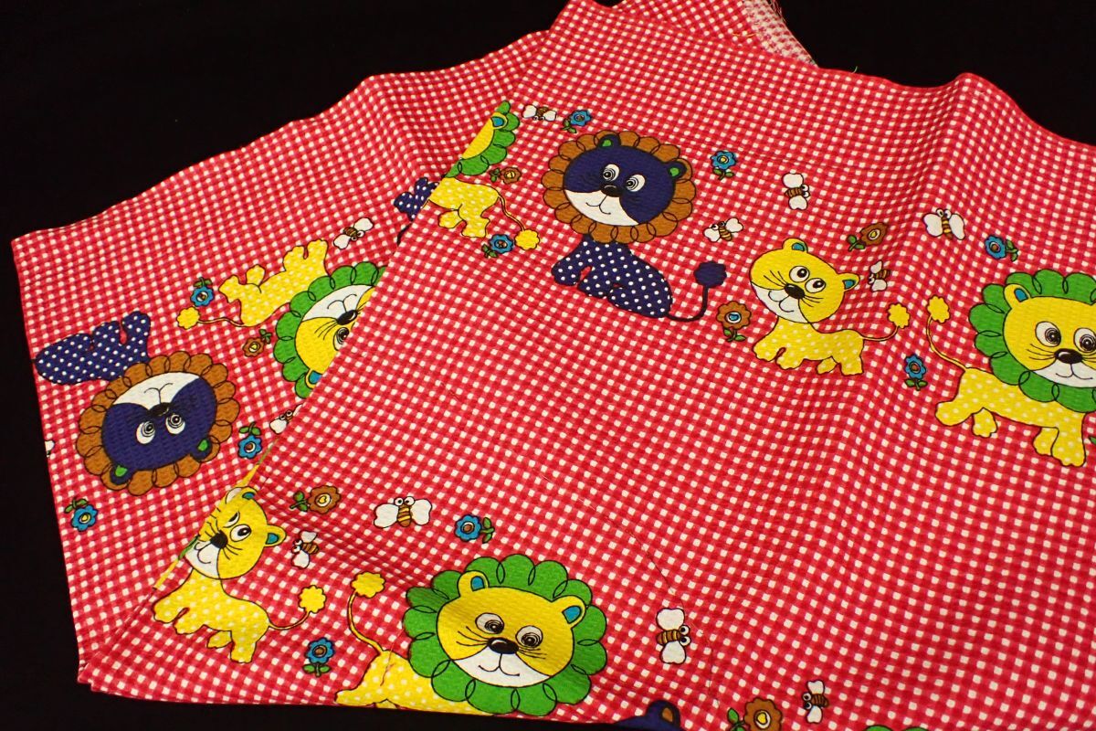◆生地01 昭和レトロ プリント ライオン チェック 動物◆ポップ 可愛い/消費税0円拍卖