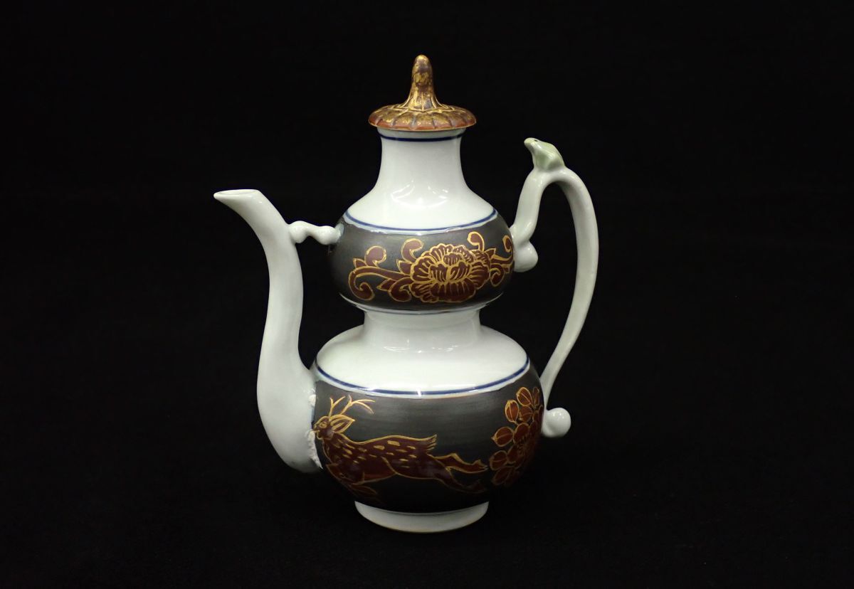 ▲平安 土山恭仙 「金彩手付水注」牡丹鹿カエル▲高さ約15cm//消費税0円拍卖