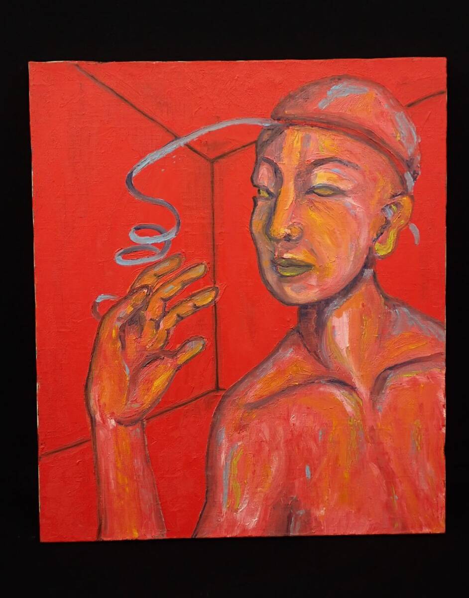 ◆絵画40 異色油彩画 作者不明「赤に染まる瞑想」◆異色アート/ダーク/スピリチュアル/消費税0円拍卖