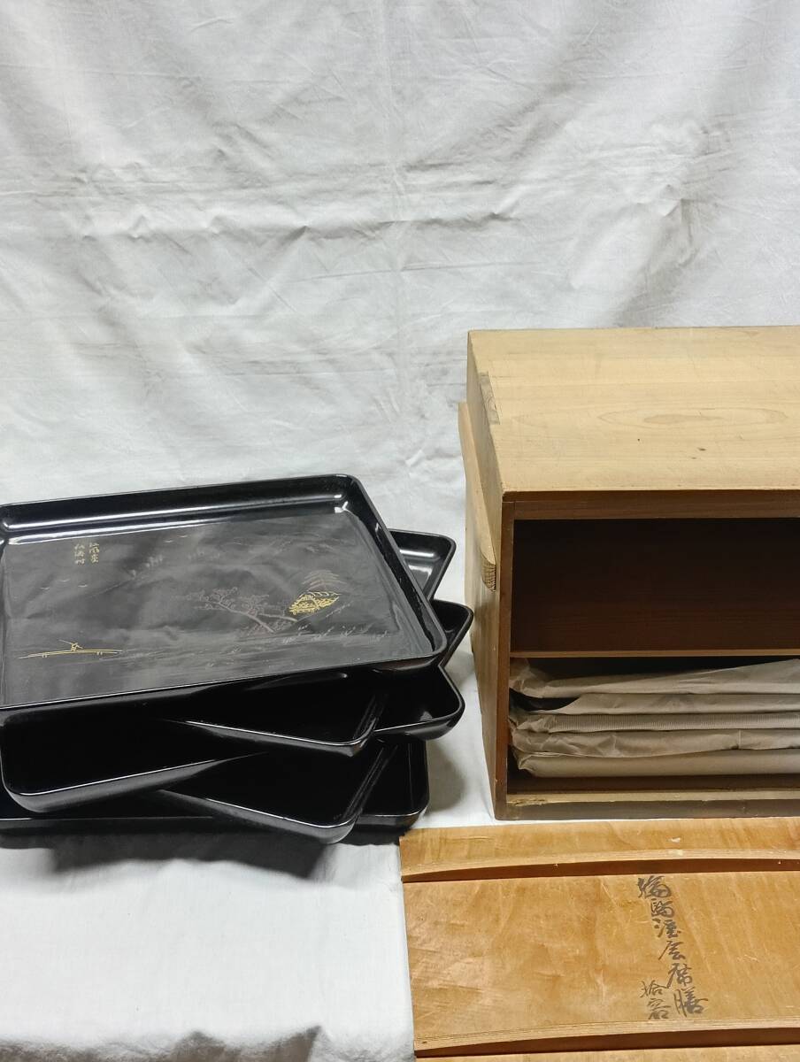 輪島塗 角盆 10客 木製漆塗蒔絵 36 x 36cm 高さ 3cm 木箱入り拍卖