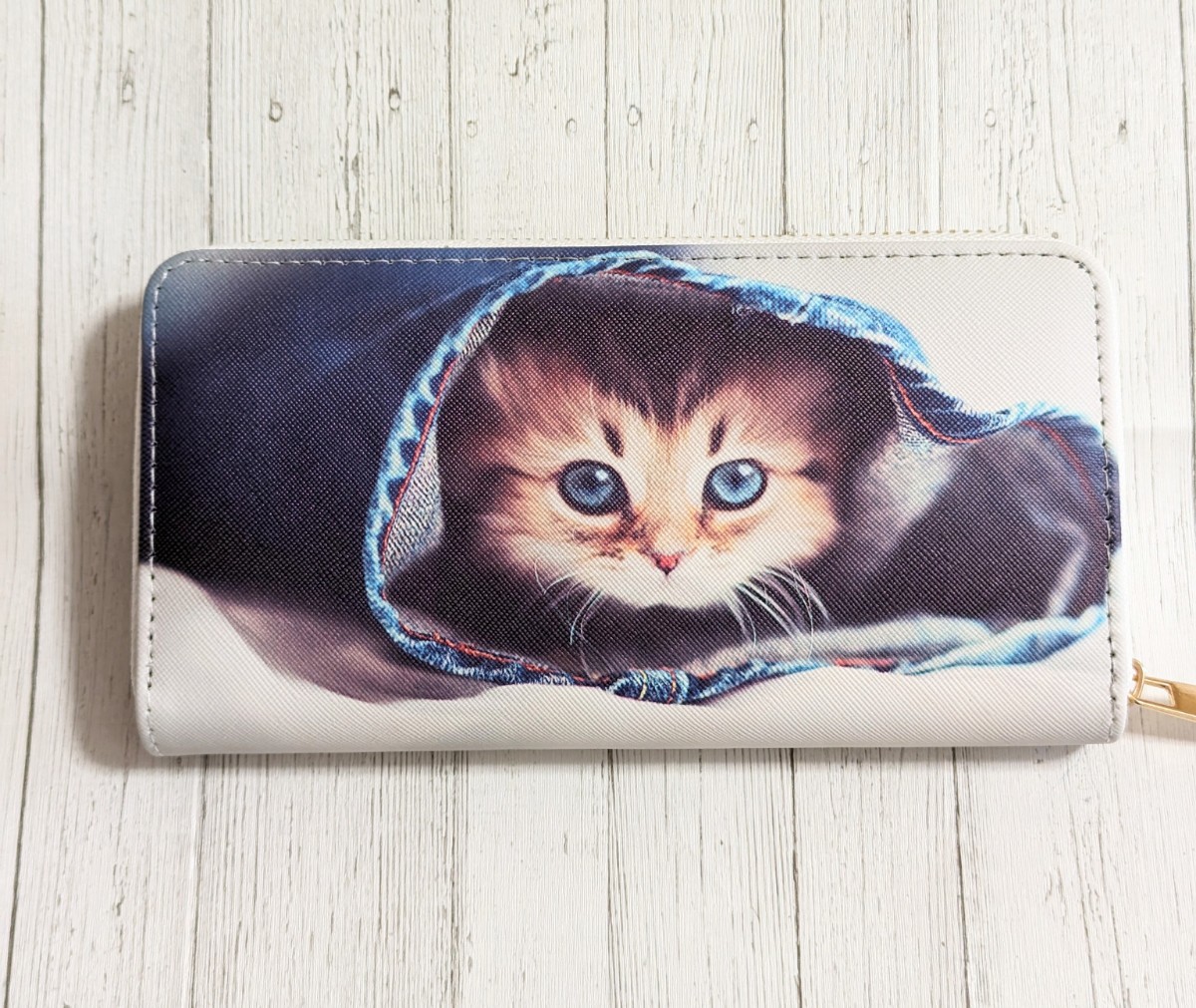 猫ちゃん ネコ 財布 プリント 長財布 ラウンドファスナー デニム ねこ拍卖