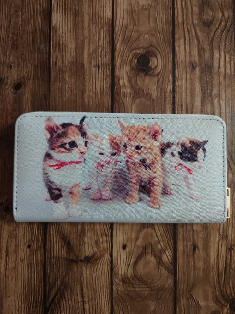 猫ちゃん ねこ プリント ラウンドファスナー 長財布 財布 4匹 白 ネコ 三毛猫 ねこ かわいい拍卖
