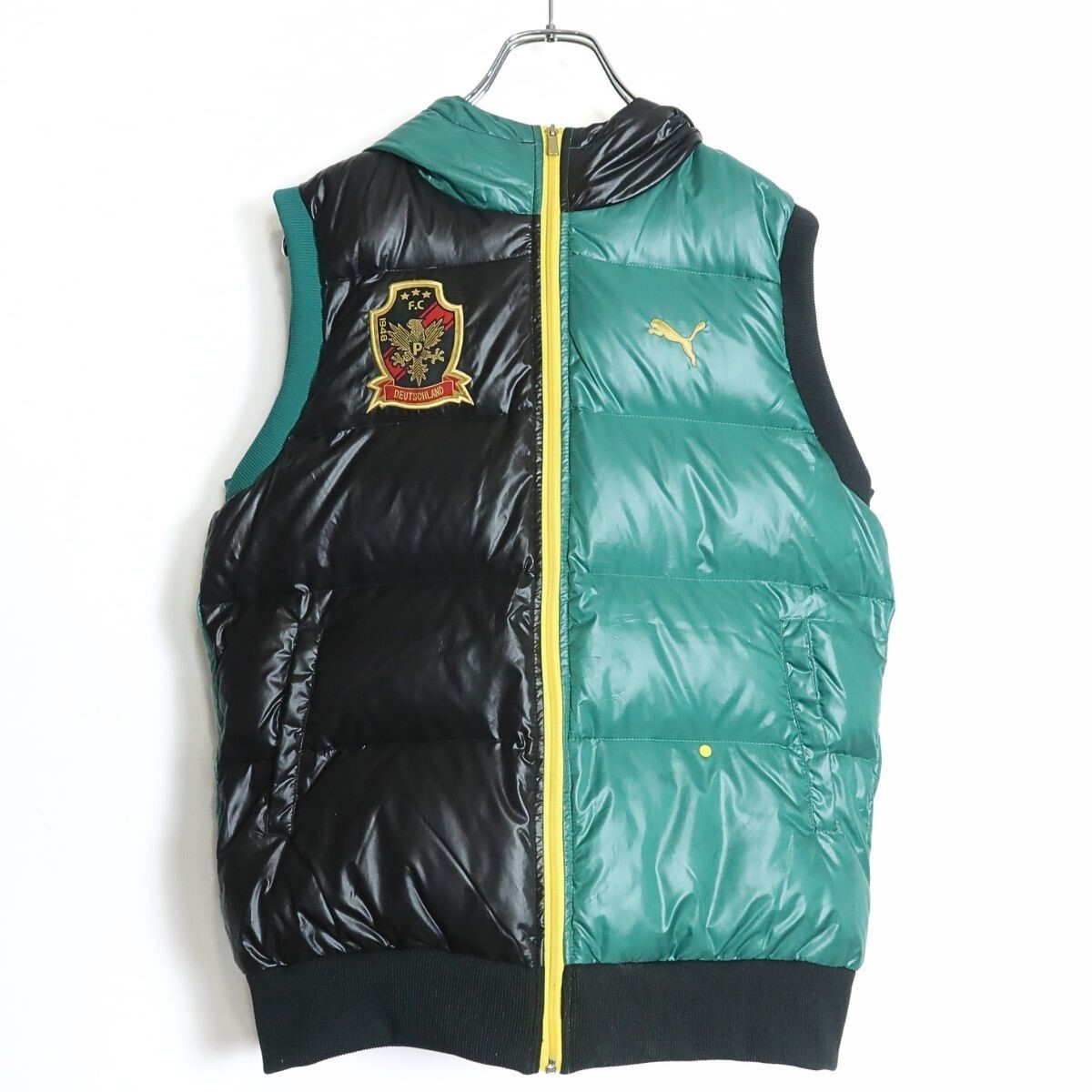 プーマ★ダウンベスト フーディ サイズ160 黒×緑系 無地 ワッペン&ワンポイント刺繍入り z16291拍卖