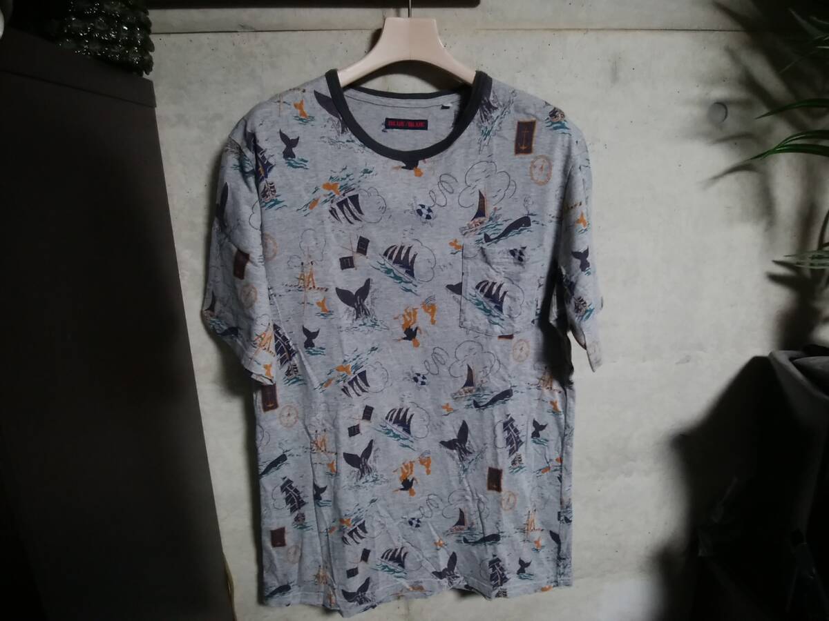 【H.R.MARKET ハリウッドランチマーケット BLUE BLUE ブルーブルー】胸ポケット付総柄Tシャツ3 日本製 限定 人気アイテム マリンプリント拍卖