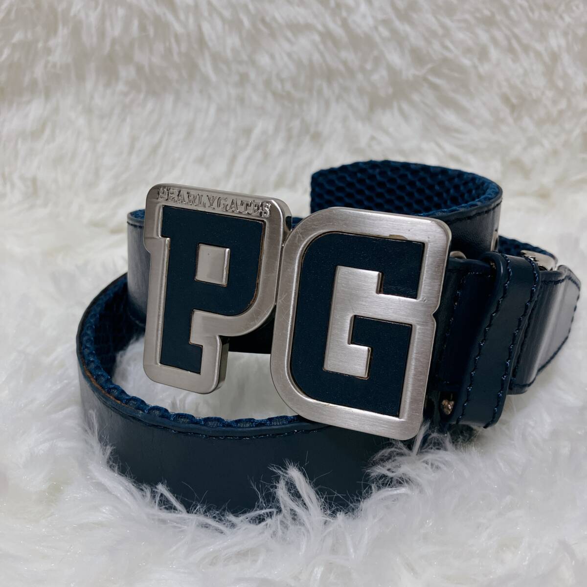 PEARLY GATES パーリーゲイツ PG ロゴ メタル バックル エンボスロゴ レザー ベルト ネイビー 紺 ビックロゴ 100cm メンズ レディース拍卖