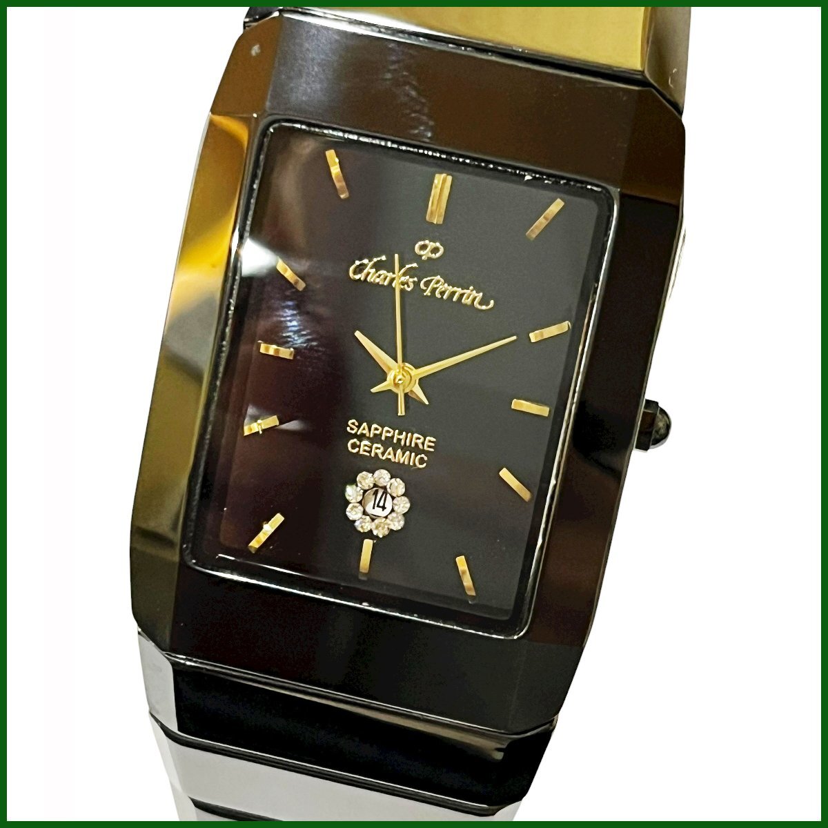 中古●シャルル ペリン/charles perrin●メンズ 腕時計 デイト ES-8402M セラミック ブラック文字盤 純正ブレス クォーツ 電池交換済 札幌拍卖
