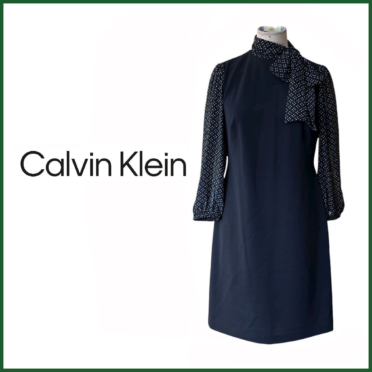中古●カルバンクライン/CalvinClein●ドット トリム ミニドレス ワンピース シフォン サイズ4 ブラック 背中ファスナー ミディ丈 札幌拍卖
