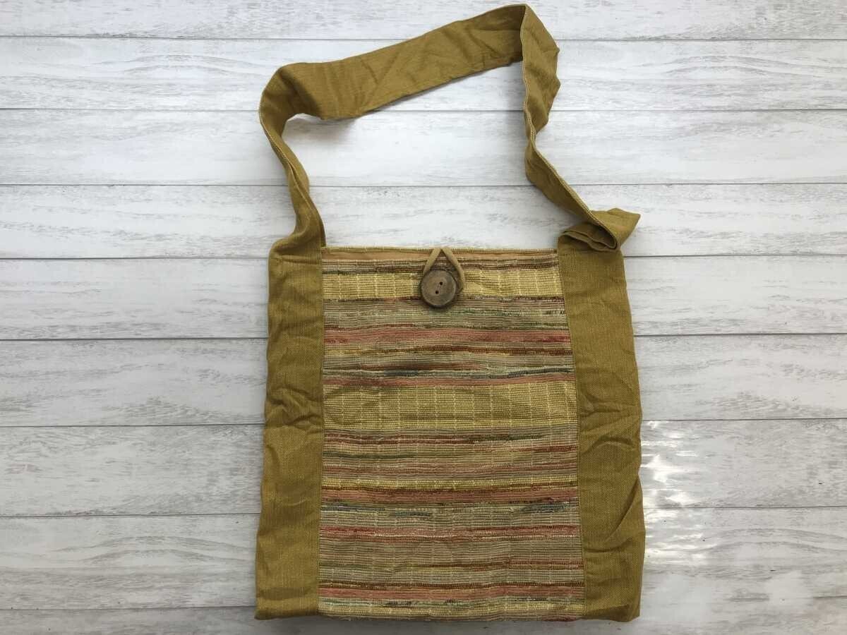 レトロ オールド 民族エスニック オリエンタル サイケ ボーダー調 木製ボタン ワンショルダー トートバッグ カバン ユニセックス L 山吹色拍卖