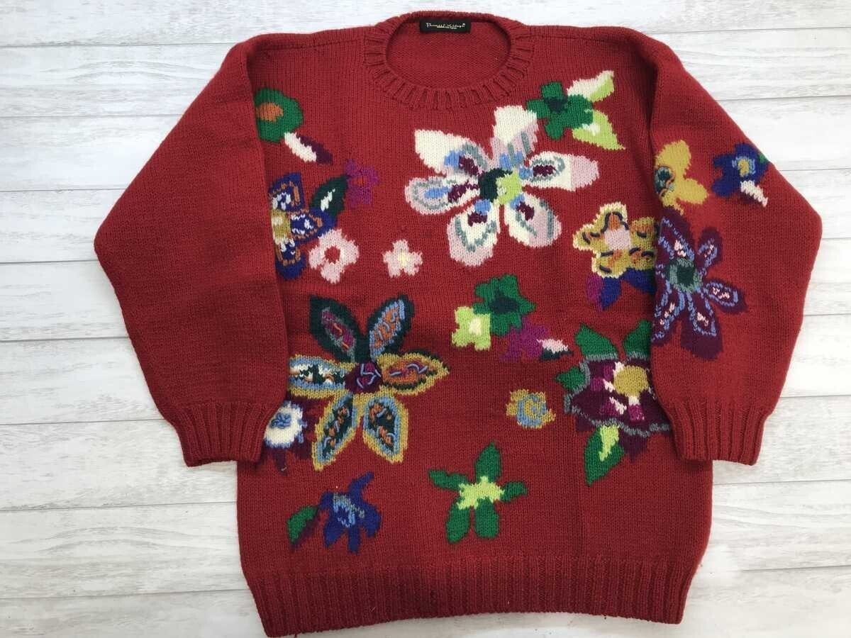 Permit e Village レトロ オールド カントリー ガーリー 花柄 模様編み 刺繍 ジャガード ニット セーター レディース ウール100% L 赤拍卖