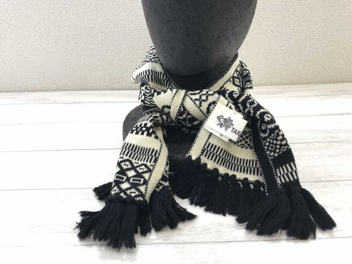 タケオニシダ TAKEONISHIDA エスニック モード 北欧 ノルディック ジャガード ニット フリンジ マフラー 男女兼用 ウール100% 黒白拍卖
