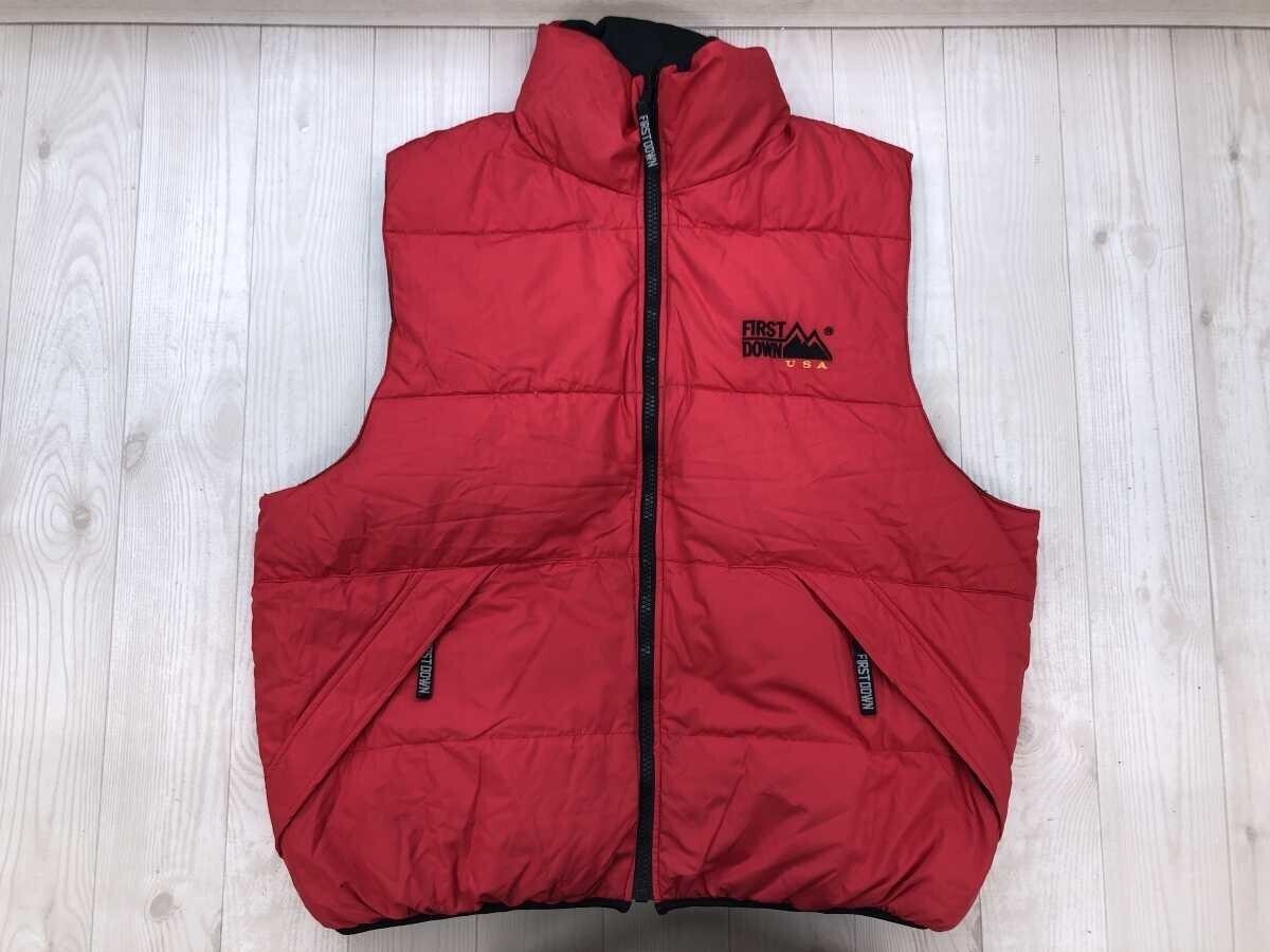 ファーストダウン FIRST DOWN レトロ アメカジ アウトドア リバーシブル フルジップ ダウンベスト メンズ ダウン70% フェザー30% 3XL 黒赤拍卖