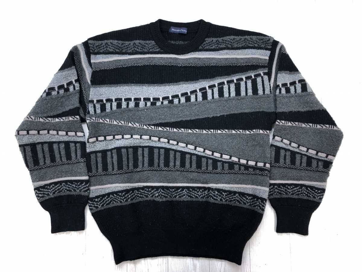 Marsilio Ficino レトロ オールド ユーロ イタリーモード ボーダー 3D 立体模様編み ニット セーター メンズ ウール混合 M 黒グレー拍卖