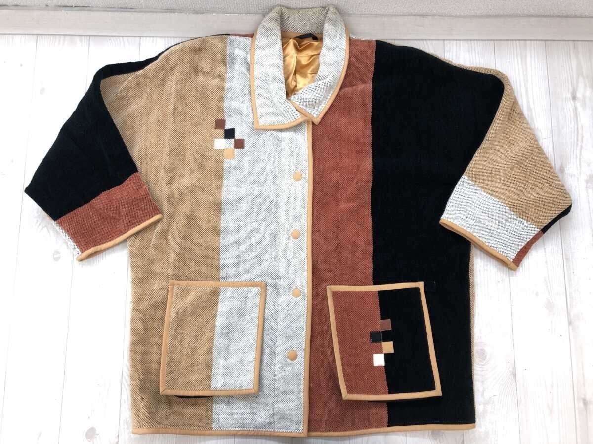 フィンランド製 アンニキカルビネン ANNIKKI KARVINEN 配色切替 ニット ジャケット アウター レディース スナップボタン L ベージュ系拍卖
