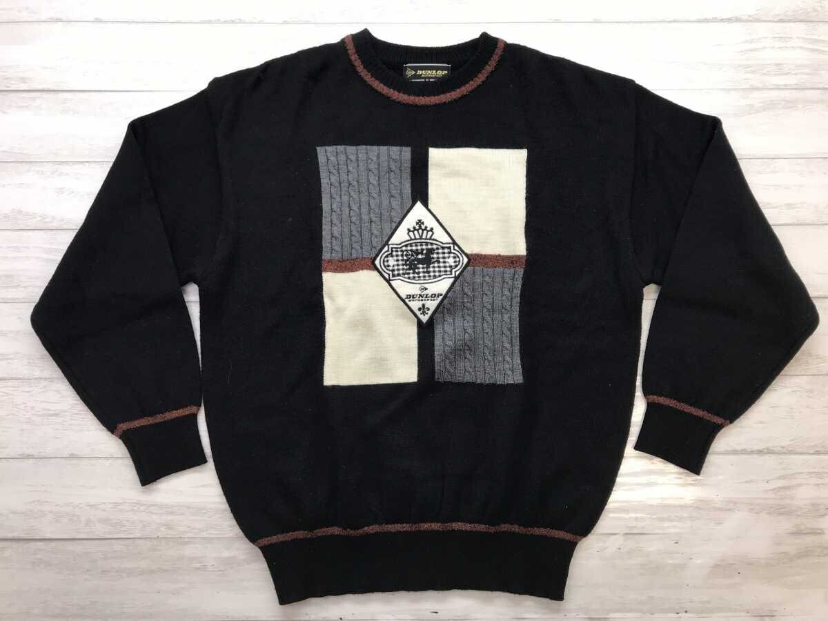 ダンロップ DUNLOP レトロ トラッド ゴルフ 模様編み 素材切替 ロゴ刺繍 ニット セーター プルオーバー メンズ ウール混合 M 黒拍卖