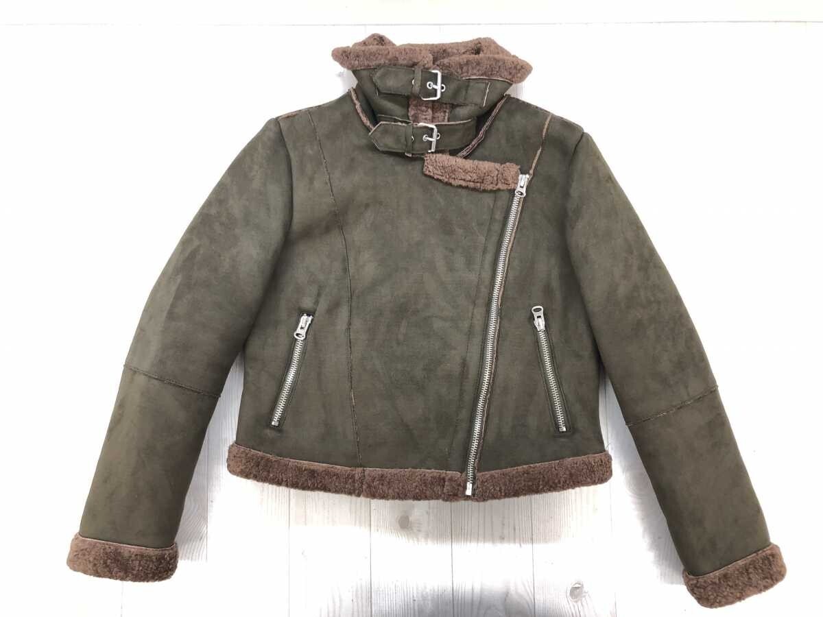 ザラ ZARA BASIC レトロ 00s アメカジ ライダース ダブル フェイクムートン ジャケット コート レディース 裏地ボア M カーキ拍卖