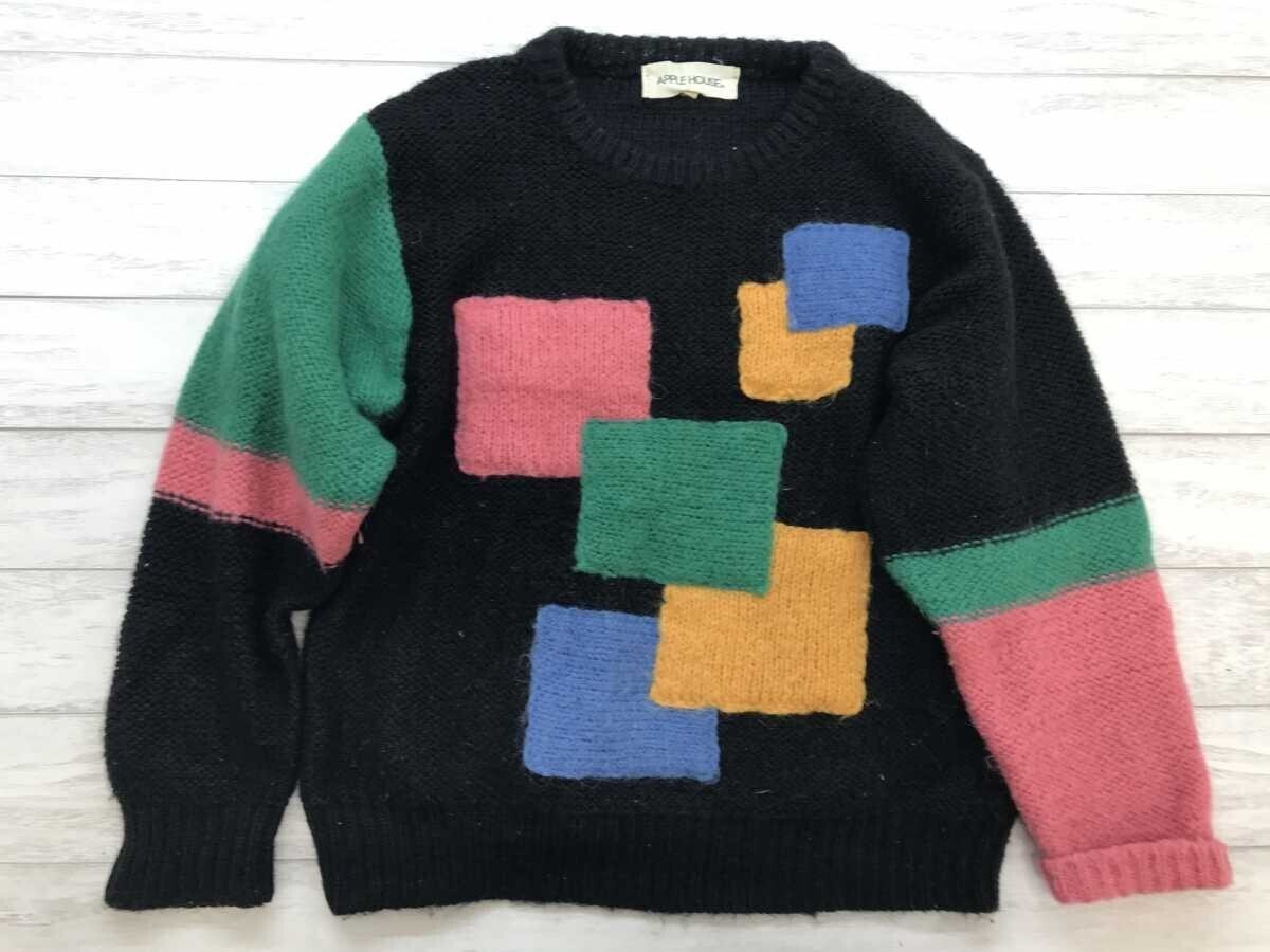 アップルハウス APPLE HOUSE レトロ カントリー コラージュ風アート 幾何学模様 ジャガード ニット セーター ウール混合 F レディース 黒拍卖