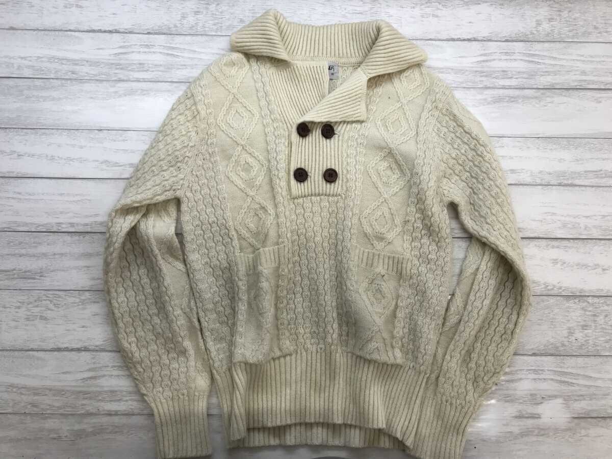 ジョンブル JOHN BULL レナウン RENOWN オールド ハーフダブルボタン ケーブル編み 変形ショールカラー ニットセーター メンズ ウール混 M拍卖
