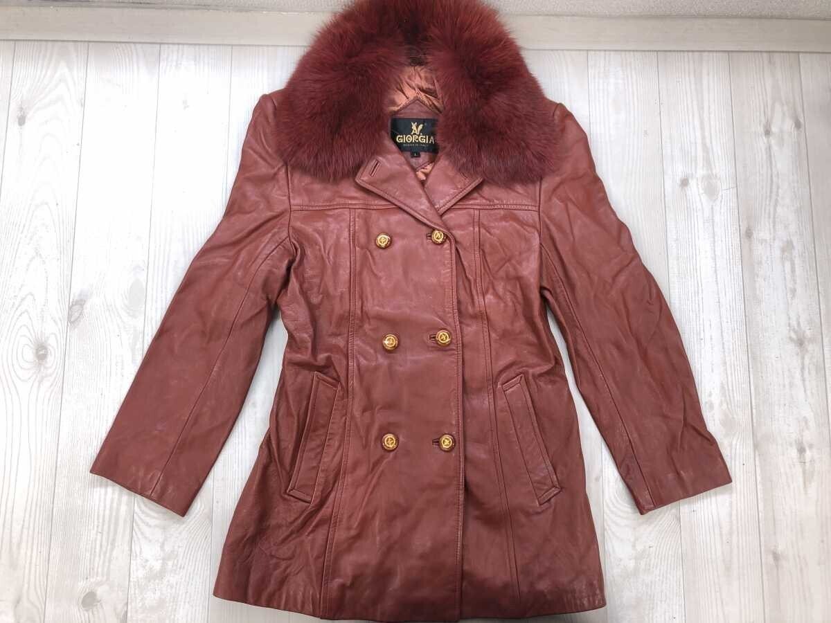 ジョルジア GIORGIA レトロ オールド 総裏地 ロゴボタン レザー 本皮 本革 ダブル チェスターコート ジャケット レディース L 赤拍卖