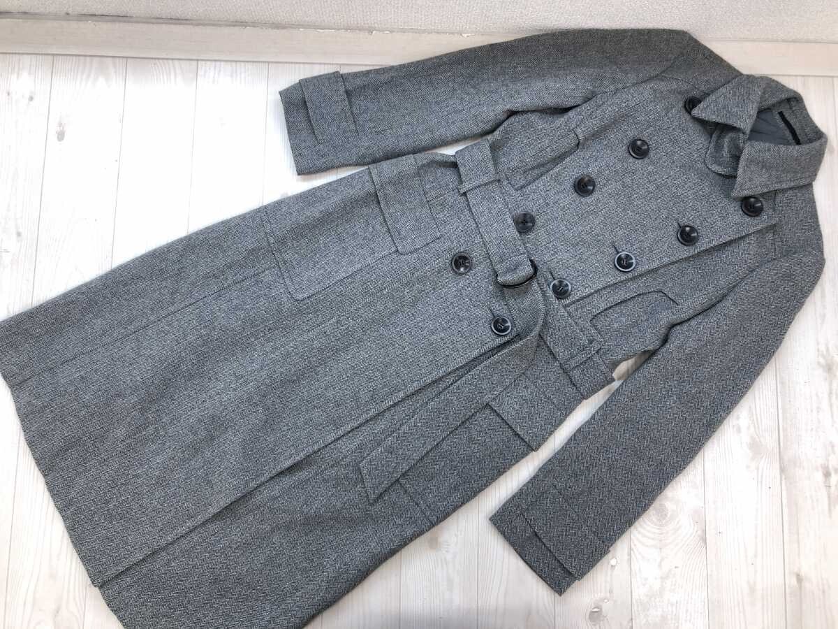 マヌーカ MANOUQUA エレガント クラシック ヘリンボーンツイード ダブル トレンチコート レディース ウール混合 総裏地 38 ライトグレー拍卖