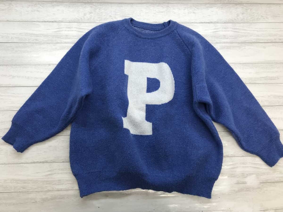 PURERA CEPR レトロ かわいい ユニーク アルファベット ウサギ キャラクター ジャガード 模様編み 長袖 ニット セーター レディース M 青拍卖