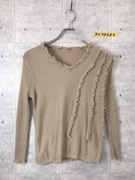 成田ニット レディース 日本製 アクリルウール Vネック 七分袖フリルリブニットセーター 茶拍卖