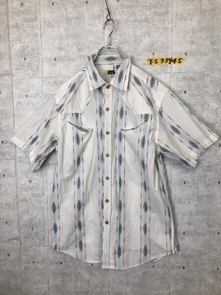 Corisco メンズ ダブルポケット 総柄 半袖シャツ M 白水色焦げ茶拍卖