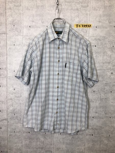 GOLDEN BEAR ゴールデンベア メンズ ポケット付き チェック シアサッカー 半袖シャツ M 薄い水色ベージュグレー拍卖