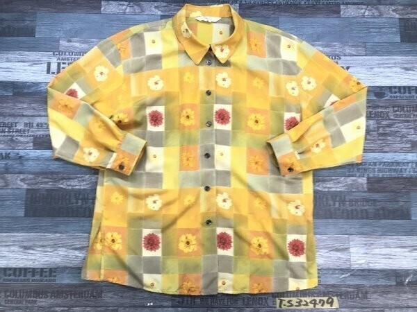 GIVY レディース 日本製 花 チェック ポリエステル ブラウス オレンジイエロー拍卖