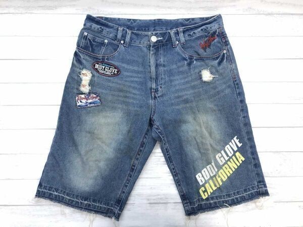 ボディグローブ Body Glove 平成サーフ 00s ネオお兄系 ワッペン プリント ハーフ ショート デニム パンツ メンズ ビッグサイズ 100 紺拍卖
