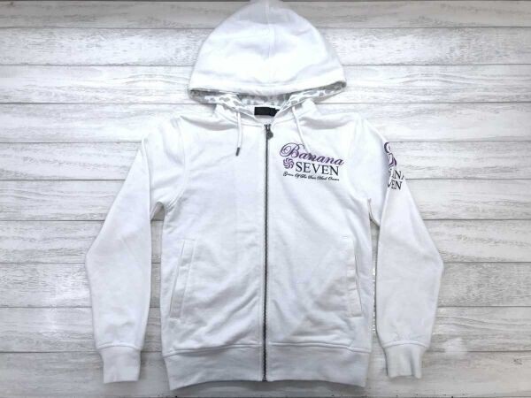 バナナセブン BANANA SEVEN 平成レトロ 00s サーフ 古着 刺繍 英字プリント ジップアップ スウェット パーカー メンズ コットン混合 XS 白拍卖