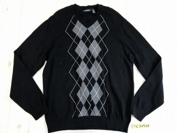 claiborne メンズ Vネック アーガイル コットンニットセーター M 黒グレー拍卖