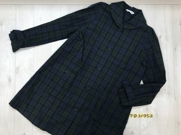 TRES COTON レディース 日本製 チェック 裏地なし 丸襟 コート 綿麻 紺緑拍卖