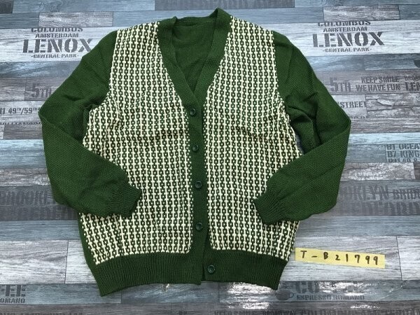 レディース 柄切替 Vネック ニットカーディガン 緑アイボリー拍卖