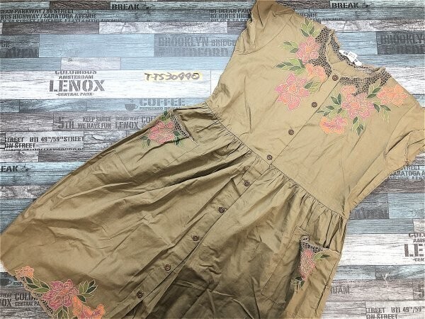 CHIMNEY レディース 花ネックレス オールボタン 半袖 ワンピース F カーキグリーン拍卖