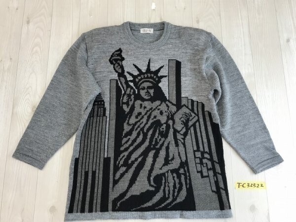 ROX レディース 日本製 肩パッド 自由の女神 柄編み アクリルウールニットセーター 杢グレー拍卖